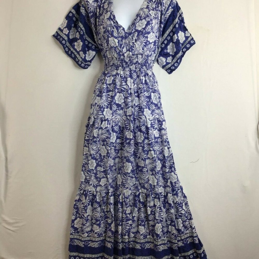 Vrkufie Women's Blue White Floral Short Sleeve V Neck Maxi Dress Size 2XL